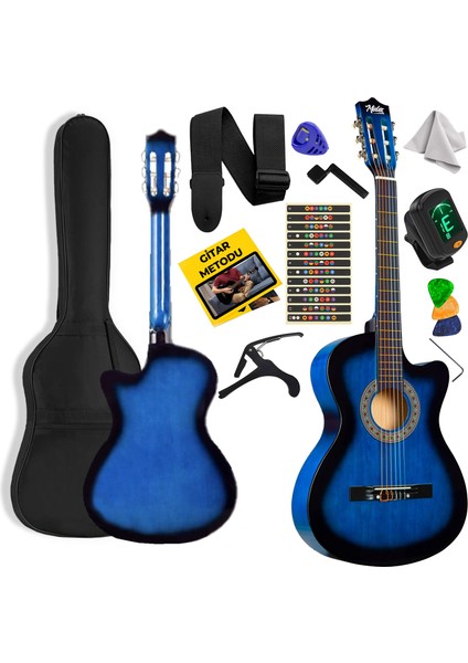 CG-395BL Mavi Renk Kesik Klasik Gitar 4/4 Yetişkin Boy Sap Ayarlı Full Set