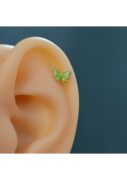 Fıstık Yeşil Kelebekli Piercing Helix Kıkırdak Conch Lob Silver