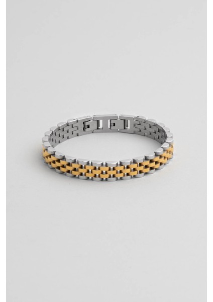 Sarı Kaplama Detaylı Erkek Zincir Çelik Bileklik