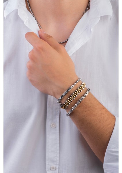 Sarı Kaplama Detaylı Erkek Zincir Çelik Bileklik modelleri