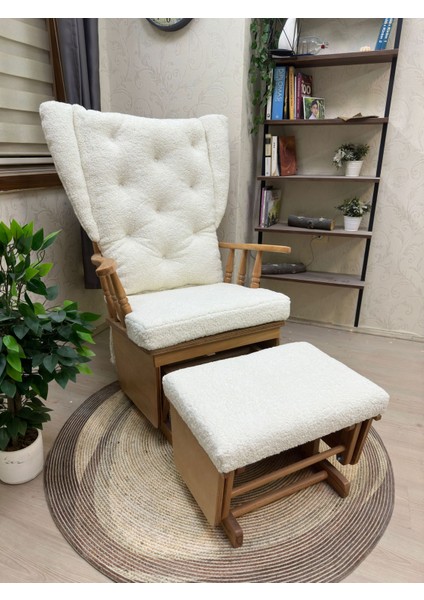 Mama Puflu Naturel Teddy Krem Minderli Puflu Sallanan Sandalye Emzirme Koltuğu