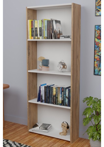 5 Raflı Kitaplık Arkalıklı Geniş Raf Kütüphane 170 cm Atlantik Çam - Beyaz