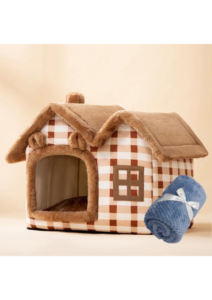 Battaniye ile Ekose M 44X36X39CM Sıcak Kedi Köpek Peluş Yatak Evi Ayrılabilir Yıkanabilir Yumuşak Kedi Yastığı Kış Yavru Kedi Evi Çadır Köpek Yuvası Mağara Evcil Hayvan Malzemeleri (Yurt Dışından)