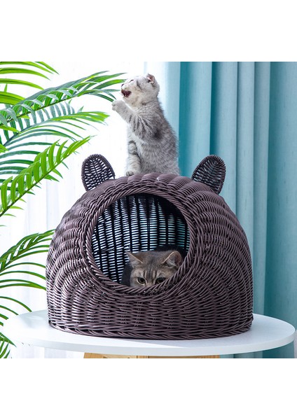 Kahve S-4kg Pet House Rattan Kedi Yuvası Yaz Yarı-Kapalı Kapalı Yatak Mat Nefes Alabilir Dayanıklı Köpek Sepeti Küçük Orta Kediler/köpekler Için (Yurt Dışından)