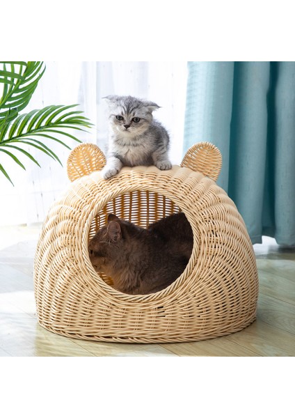 Kahve S-4kg Pet House Rattan Kedi Yuvası Yaz Yarı-Kapalı Kapalı Yatak Mat Nefes Alabilir Dayanıklı Köpek Sepeti Küçük Orta Kediler/köpekler Için (Yurt Dışından)