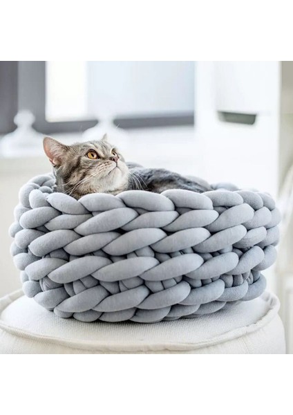 Derin Gri 40CM Pati Şeridi 3 Boyutlu El Yapımı Örgü Kedi Yatağı Kış Sıcak Küçük Köpek Yatakları Yumuşak Kedi Mağara Yatakları Yıkanabilir Kediler Için Evcil Hayvan Yatakları 35/40/45CM (Yurt Dışından)
