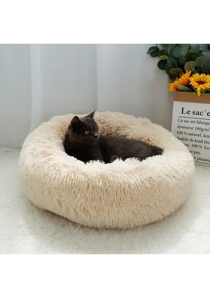 Hafif Kahve Çapı 40 cm Uzun Peluş Kedi Yatak Evi Yumuşak Yuvarlak Kedi Yatağı Küçük Köpekler Kediler Için Kış Pet Köpek Yastık Paspaslar Yuva Sıcak Köpek Kulübesi 50/60/70 cm (Yurt Dışından)