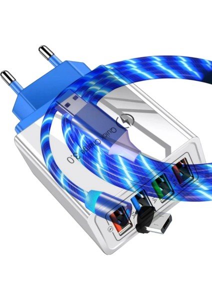 A6 Çoklu Şarj Adaptörü 4 Port + J21 Micro USB Magnetic Akan LED Işıklı Şarj Kablosu -1mt