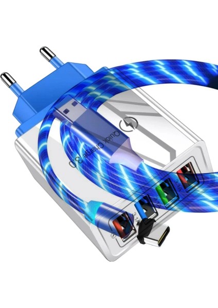 A6 Çoklu Şarj Adaptörü 4 Port + J21 Type-C Magnetic Akan LED Işıklı Şarj Kablosu -1mt
