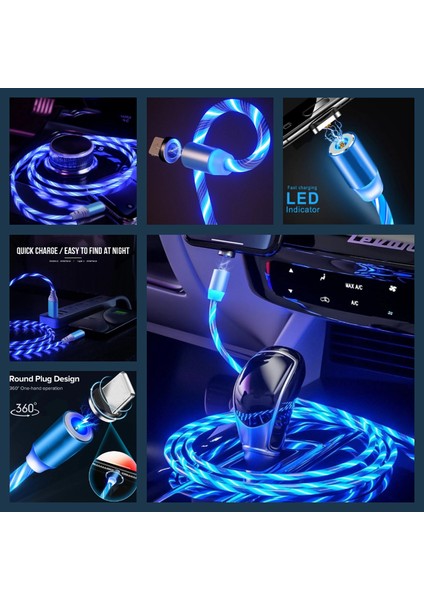 A6 Çoklu Şarj Adaptörü 4 Port + J21 Type-C Magnetic Akan LED Işıklı Şarj Kablosu -1mt