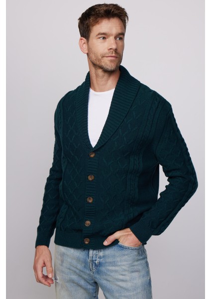 Slim Fit Dar Kesim Desenli Yumuşak Dokulu Düğmeli Yeşil Erkek Hırka