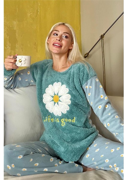 Yeşil Life Is Good Desenli Kadın Peluş Pijama Takımı