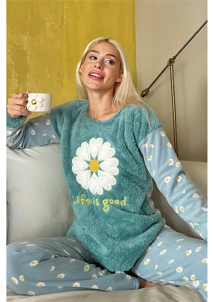 Pijama Evi Yeşil Life Is Good Desenli Kadın Peluş Pijama Takımı