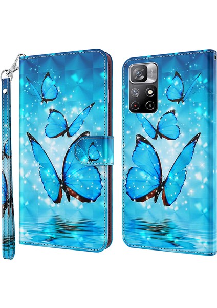 Xiaomi Redmi Için Not 11 5g (Çin) (Mediatek)/not 11T 5g/not 11S 5g 3D Desen Baskı Manyetik Pu Deri Deri Stand Kitap Kapağı Strap-Mavi ile (Yurt Dışından)