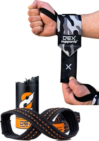 Dex Supports Wrist Wraps Kamuflaj  Fitness Bilek Bandajı, Strap ,halter Kayışı 8 Loop 2'li Set