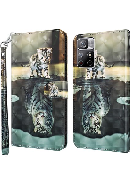 Xiaomi Redmi Için Not 11 5g (Çin) (Mediatek)/not 11T 5g/not 11S 5g 3D Desen Baskı Manyetik Pu Deri Deri Deri Stand Kitap Kapağı Kayış-Cat ve Tiger (Yurt Dışından)