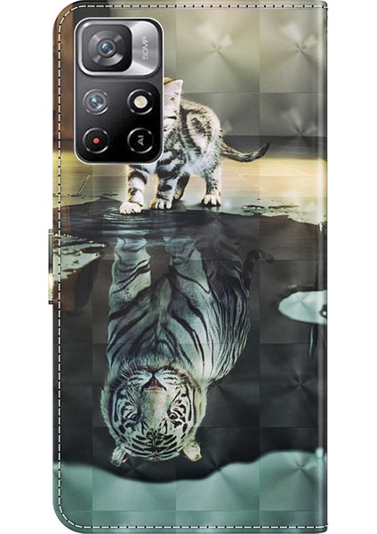 Xiaomi Redmi Için Not 11 5g (Çin) (Mediatek)/not 11T 5g/not 11S 5g 3D Desen Baskı Manyetik Pu Deri Deri Deri Stand Kitap Kapağı Kayış-Cat ve Tiger (Yurt Dışından)