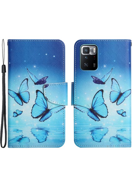 Desen Deri Telefon Kılıfı Cüzdan Stand Kapağı, Xiaomi Redmi Için Bilek Kayışı ile Kapak Note 10 Pro 5g/xiaomi Poco X3 Gt 5g-Uçan Kelebek (Yurt Dışından)