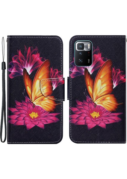 Folio Flip Manyetik Toka Desen Baskısı Deri Telefon Kasası Cüzdan Standı Kapak Xiaomi Için Bilek Kayışı ile Not 10 Pro 5g/poco X3 Gt-Golden Kelebek (Yurt Dışından)