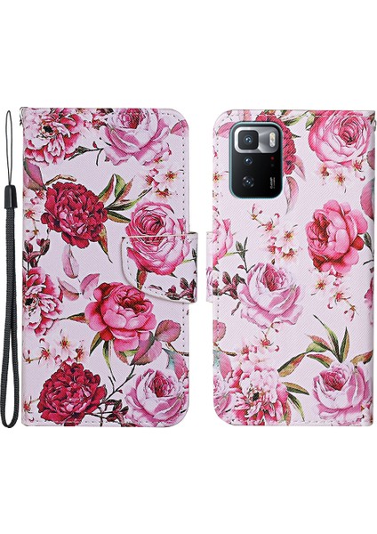 Desen Baskı Folio Flip Deri Telefon Kasası Cüzdan Standı Kapak Xiaomi Için Bilek Kayışı ile Not 10 Pro 5g/poco X3 Gt-Peony (Yurt Dışından)