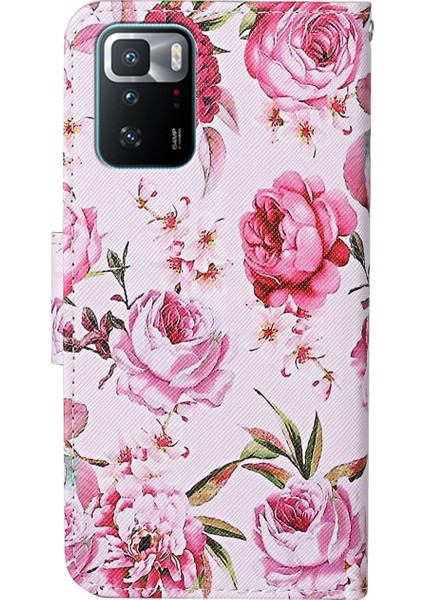 Desen Baskı Folio Flip Deri Telefon Kasası Cüzdan Standı Kapak Xiaomi Için Bilek Kayışı ile Not 10 Pro 5g/poco X3 Gt-Peony (Yurt Dışından)