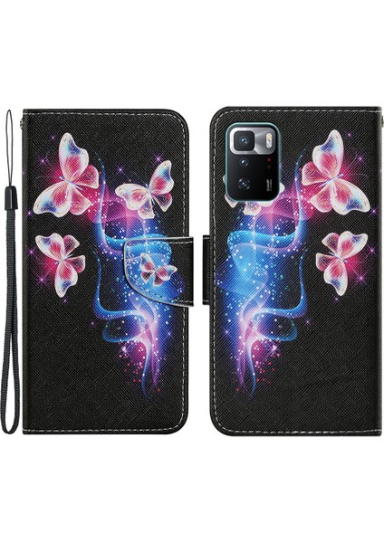 Folio Flip Manyetik Toka Desen Baskısı Deri Telefon Kasası Cüzdan Standı Kapak Xiaomi Için Bilek Kayışı ile Not 10 Pro 5g/poco X3 Gt-Üç Parıldayan Kelebekler (Yurt Dışından)