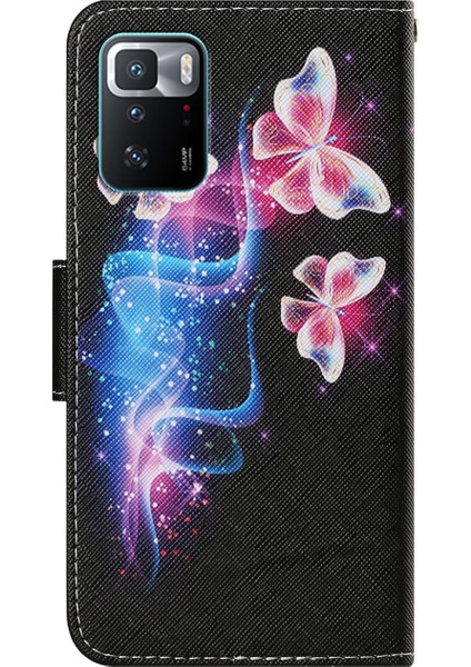 Folio Flip Manyetik Toka Desen Baskısı Deri Telefon Kasası Cüzdan Standı Kapak Xiaomi Için Bilek Kayışı ile Not 10 Pro 5g/poco X3 Gt-Üç Parıldayan Kelebekler (Yurt Dışından)