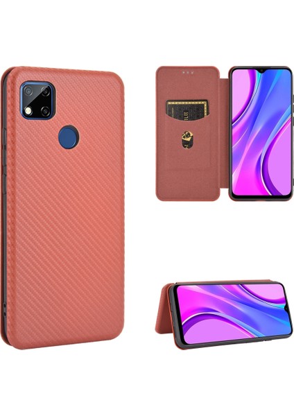 Xiaomi Redmi 9c/redmi 9c Nfc-Brown Için Otomatik Emilmiş Karbon Fiber Doku Deri Kılıf (Yurt Dışından)