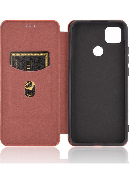 Xiaomi Redmi 9c/redmi 9c Nfc-Brown Için Otomatik Emilmiş Karbon Fiber Doku Deri Kılıf (Yurt Dışından)