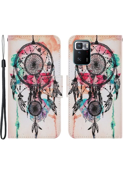 Folio Flip Manyetik Toka Desen Baskısı Deri Telefon Kasası Cüzdan Standı Kapak Xiaomi Için Bilek Kayışı ile Not 10 Pro 5g/poco X3 Gt-Dreamcatcher (Yurt Dışından)