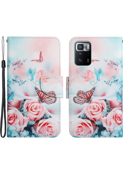 Desen Deri Telefon Kılıfı Cüzdan Stand Kapağı, Xiaomi Redmi Için Bilek Kayışı ile Kapak Note 10 Pro 5g/xiaomi Poco X3 Gt 5g-Rose (Yurt Dışından)
