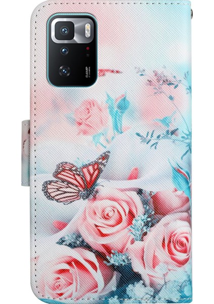 Desen Deri Telefon Kılıfı Cüzdan Stand Kapağı, Xiaomi Redmi Için Bilek Kayışı ile Kapak Note 10 Pro 5g/xiaomi Poco X3 Gt 5g-Rose (Yurt Dışından)