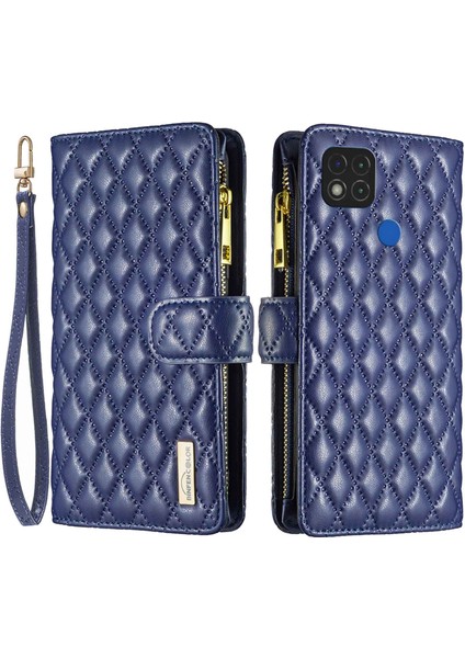 Xiaomi Redmi 9c 4g/9c Nfc 4g/poco C31 4g/redmi 10A 4g Cüzdan Stili Baskılı Rhombus Desen Mat Pu Deri Fermuar Cep Koruyucu Telefon Kılıf Mavisi (Yurt Dışından)