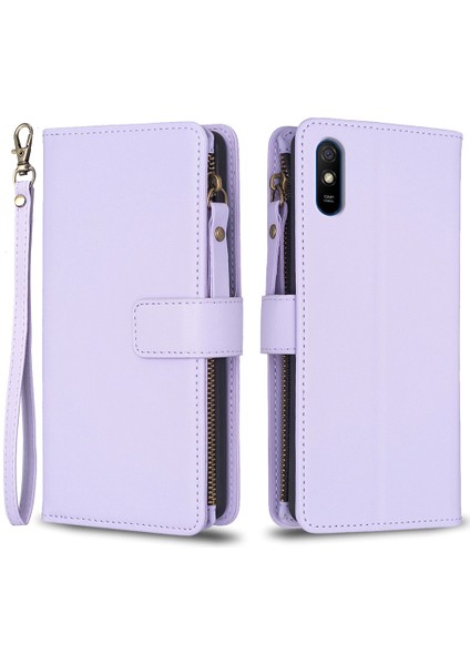 Xiaomi Için BF19 Redmi 9A Önleme Önleyici Telefon Kapağı Zippered Pu Deri Cüzdan Standı Telefon Vaka-Mor (Yurt Dışından)