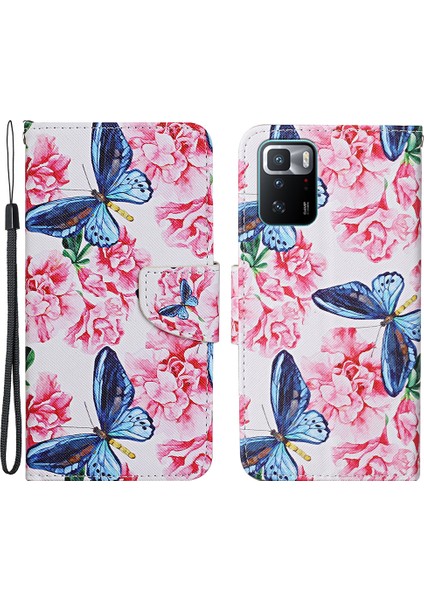 Desen Baskı Foli Deri Deri Telefon Kılıfı Cüzdan Stand Kapağı, Xiaomi Redmi Için Bilek Kayışı ile Not 10 Pro 5g/poco X3 Gt-Dragonfly/çiçekler (Yurt Dışından)