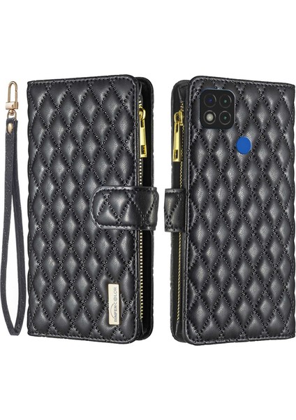 Xiaomi Redmi 9c 4g/9c Nfc 4g/poco C31 4g/redmi 10A 4g Cüzdan Stili Baskılı Rhombus Desen Mat Pu Deri Fermuar Cep Koruyucu Telefon Kılıf Black (Yurt Dışından)