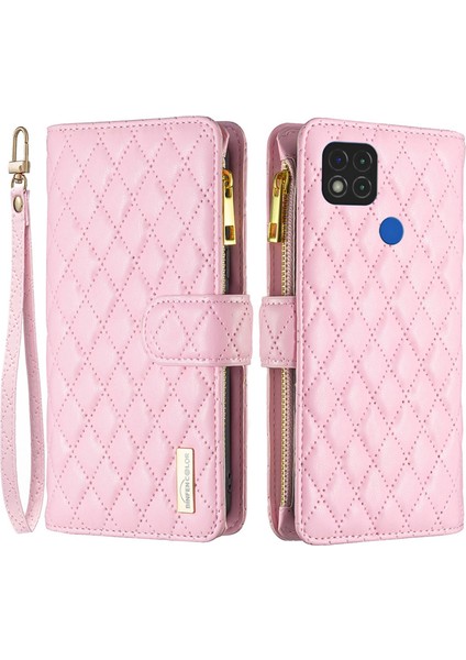 Xiaomi Redmi 9c 4g/9c Nfc 4g/poco C31 4g/redmi 10A 4g Cüzdan Stili Baskılı Rhombus Desen Mat Pu Deri Fermuar Cep Koruyucu Telefon Vaka-Pembe (Yurt Dışından)