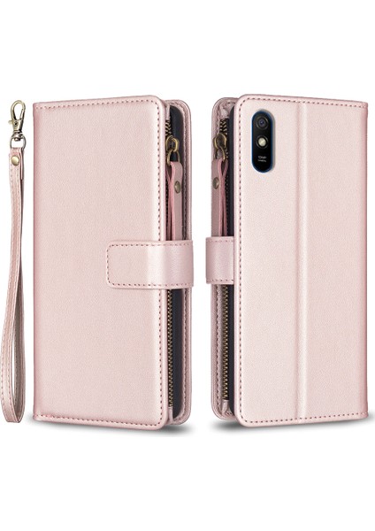 Xiaomi Için BF19 Redmi 9A Önleme Önleyici Telefon Kapağı Zippered Pu Deri Cüzdan Standı Telefon Vaka-Rose Altın (Yurt Dışından)