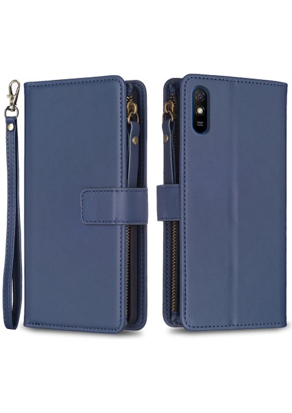 Xiaomi Için BF19 Redmi 9A Önleme Önleyici Telefon Kapağı Zippered Pu Deri Cüzdan Standı Telefon Vaka-Mavisi (Yurt Dışından)