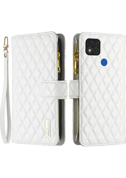 Xiaomi Redmi 9c 4g/9c Nfc 4g/poco C31 4g/redmi 10A 4g Cüzdan Stili Baskılı Rhombus Pot Mat Pu Deri Fermuar Cep Koruyucu Telefon Kılıf Beyaz (Yurt Dışından)