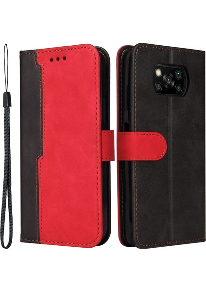 Iki Renkli Birleştirme Iş Tarzı Moda Pu Deri Flip Stand Cüzdan Kapağı Xiaomi Poco X3 Nfc/poco X3/poco X3 Pro-Kırmızı/siyah (Yurt Dışından)