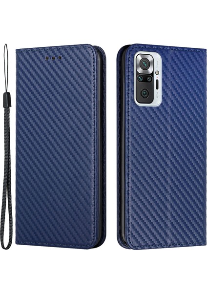 Düz Renkli Karbon Fiber Doku Manyetik Otomatik Kapanma Deri Standı Cüzdan Kapağı Xiaomi Için Telefon Kasası Note 10 Pro 4g (Hindistan)/(Global) -Blue (Yurt Dışından)