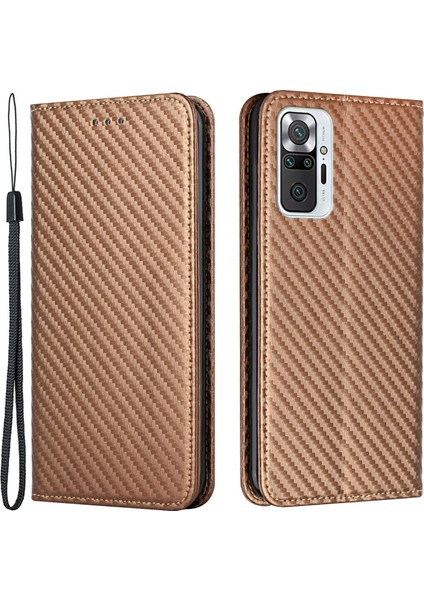 Düz Renkli Karbon Fiber Doku Manyetik Otomatik Kapanan Deri Standı Cüzdan Kapağı Xiaomi Için Telefon Kasası Note 10 Pro 4g (Hindistan)/(Global) -Brown (Yurt Dışından)