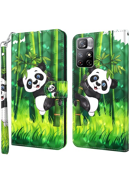 Xiaomi Redmi Için Not 11 5g (Çin) (Mediatek)/not 11T 5g/not 11S 5g 3D Desen Baskı Manyetik Pu Deri Deri Deri Stand Kitap Kapağı Strap-Panda Tırmanma Bambu (Yurt Dışından)