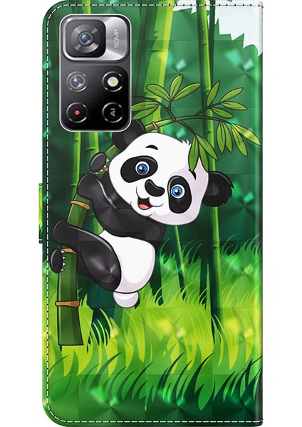 Xiaomi Redmi Için Not 11 5g (Çin) (Mediatek)/not 11T 5g/not 11S 5g 3D Desen Baskı Manyetik Pu Deri Deri Deri Stand Kitap Kapağı Strap-Panda Tırmanma Bambu (Yurt Dışından)