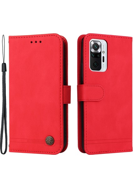 Cüzdan Stand Flip Cover Pu Deri Telefon Kılıfı, Xiaomi Redmi Için Ağaç Desen Metal Düğmesi Dekoru Note 10 Pro 4g (Global)/(Hindistan)/not 10 Pro Max-Red (Yurt Dışından)