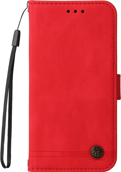 Cüzdan Stand Flip Cover Pu Deri Telefon Kılıfı, Xiaomi Redmi Için Ağaç Desen Metal Düğmesi Dekoru Note 10 Pro 4g (Global)/(Hindistan)/not 10 Pro Max-Red (Yurt Dışından)