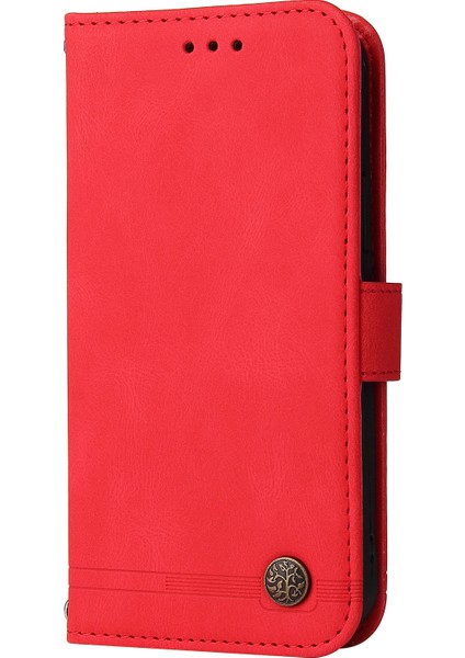 Cüzdan Stand Flip Cover Pu Deri Telefon Kılıfı, Xiaomi Redmi Için Ağaç Desen Metal Düğmesi Dekoru Note 10 Pro 4g (Global)/(Hindistan)/not 10 Pro Max-Red (Yurt Dışından)