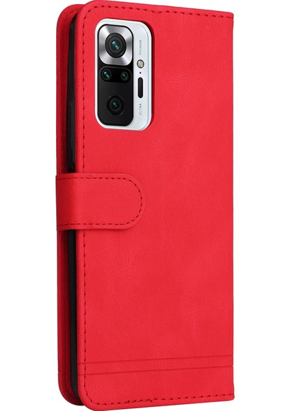 Cüzdan Stand Flip Cover Pu Deri Telefon Kılıfı, Xiaomi Redmi Için Ağaç Desen Metal Düğmesi Dekoru Note 10 Pro 4g (Global)/(Hindistan)/not 10 Pro Max-Red (Yurt Dışından)