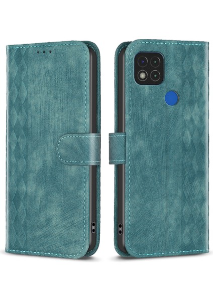 Xiaomi Poco C31/REDMI 9c/9c NFC/10A Telefon Cüzdan Kılıfı Izgara Deseni Baskı Kapak Yeşili (Yurt Dışından)